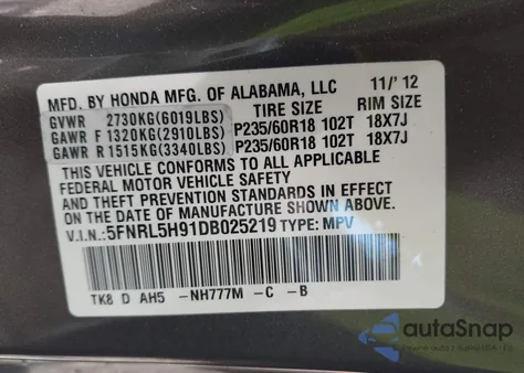 2013 Honda Odyssey Touring/Touring Elite z USA, uszkodzony, nr VIN 5FNRL5H91DB025219